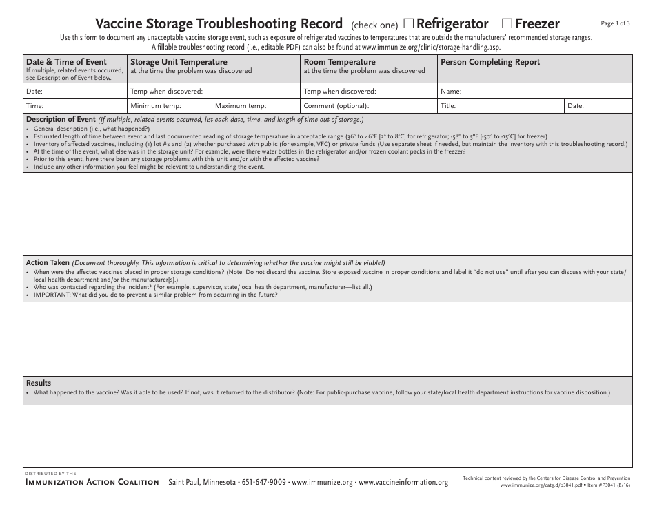 Fahrenheit Temperature Log for Refrigerator (Vaccine Storage) - Immunization Action Coalition, Page 3