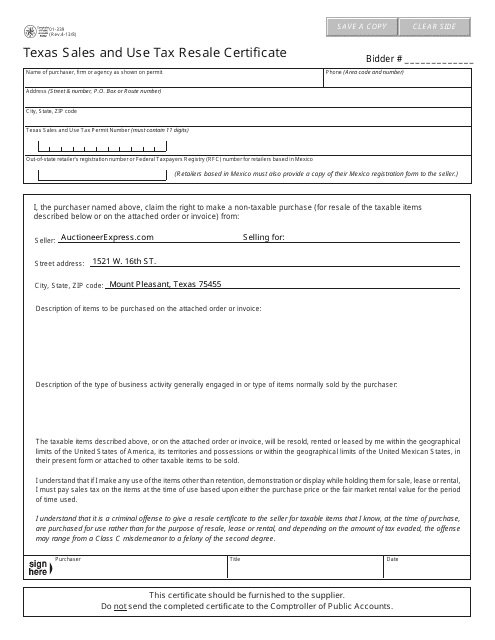 Form 01-339 Texas Sales and Use Tax Resale Certificate - Texas