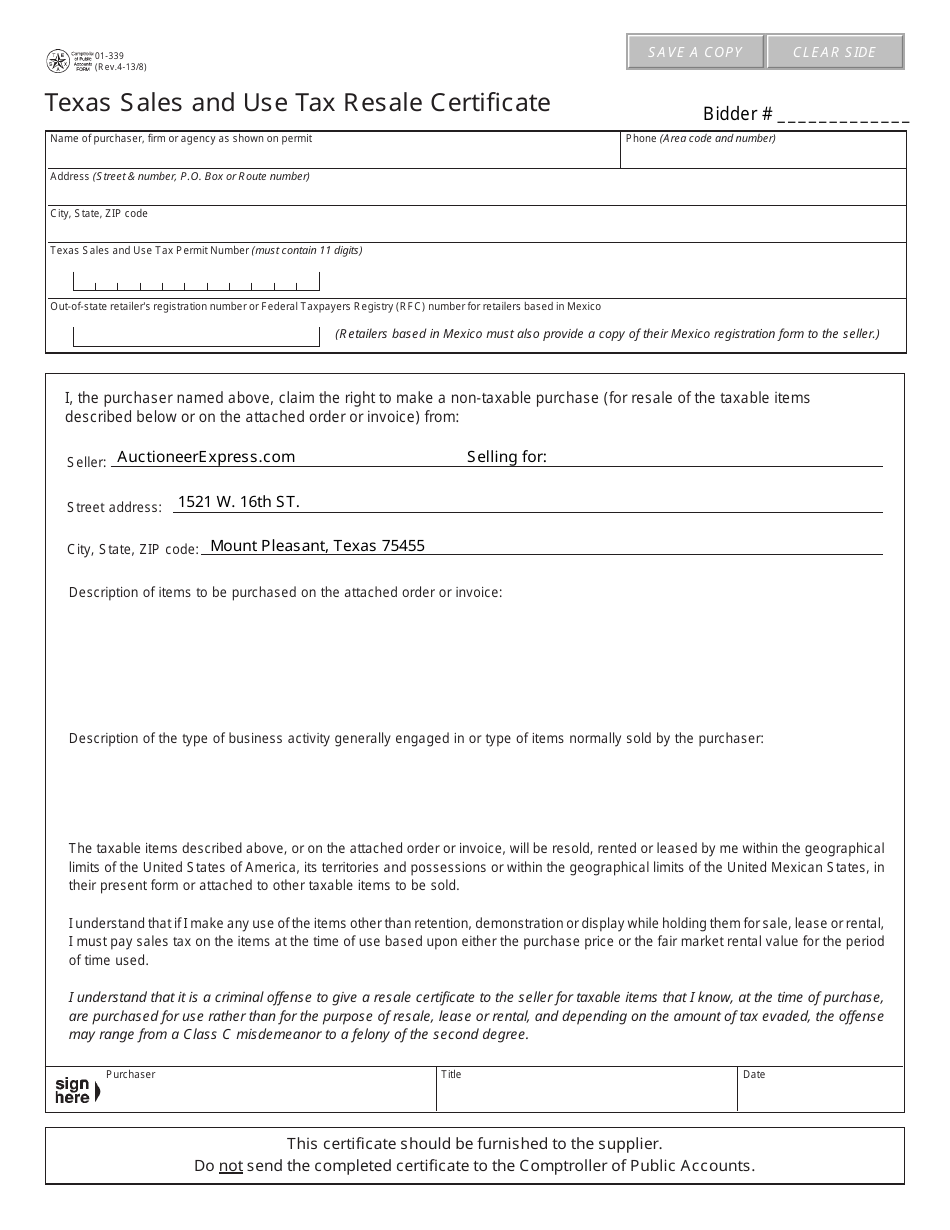 Form 01-339 Texas Sales and Use Tax Resale Certificate - Texas, Page 1