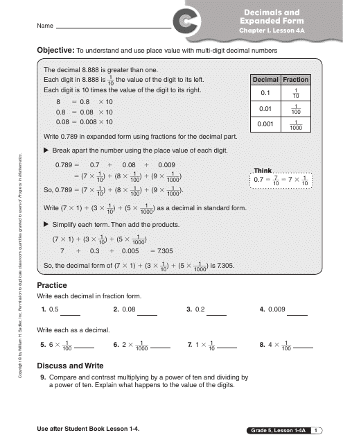 Decimals and Expanded Form Worksheet - 5-th Grade, Chapter 1, Lesson 4a, Progress in Mathematics