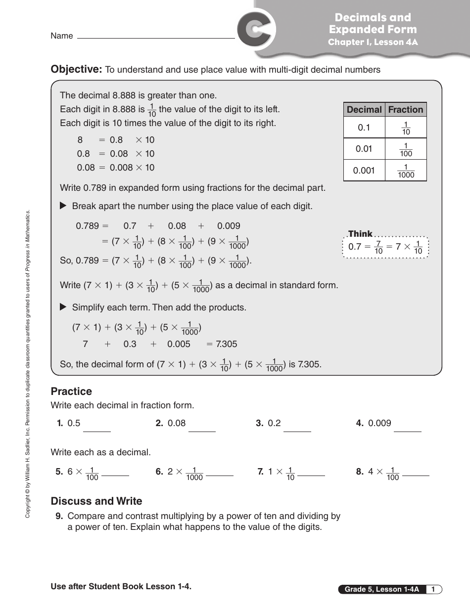 Decimals and Expanded Form Worksheet - 5-th Grade, Chapter 1, Lesson 4a, Progress in Mathematics, Page 1