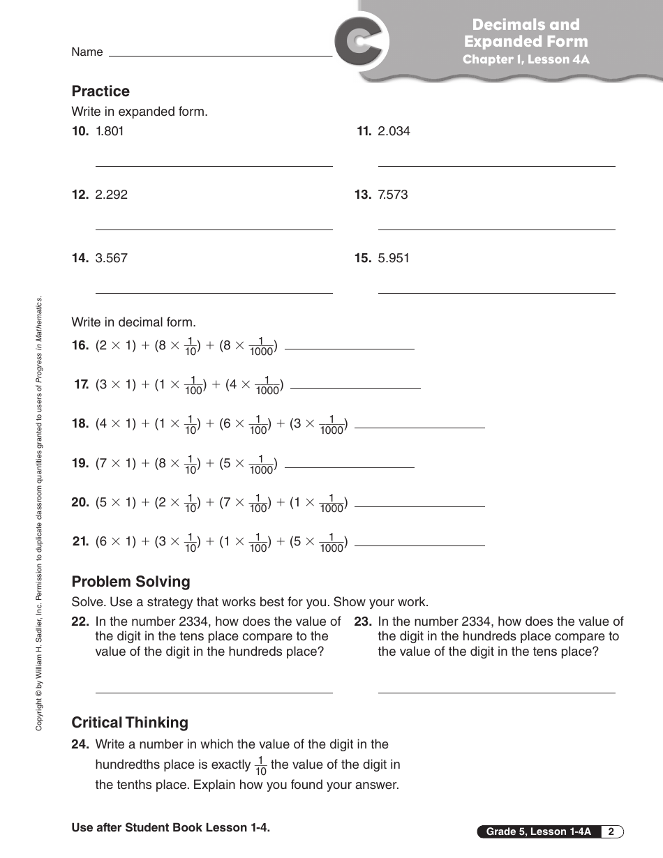 Decimals and Expanded Form Worksheet - 5-th Grade, Chapter 1, Lesson 4a ...