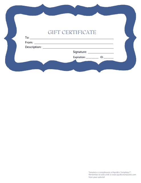 &quot;Gift Certificate Template - Blue Border&quot; Download Pdf