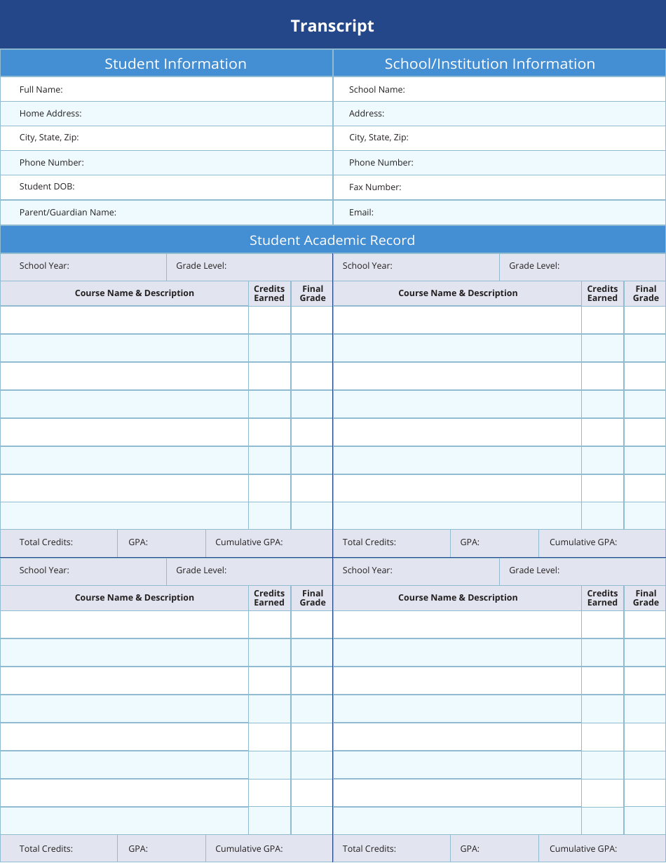 Blank Blue School Transcript Template Download Printable PDF Templateroller