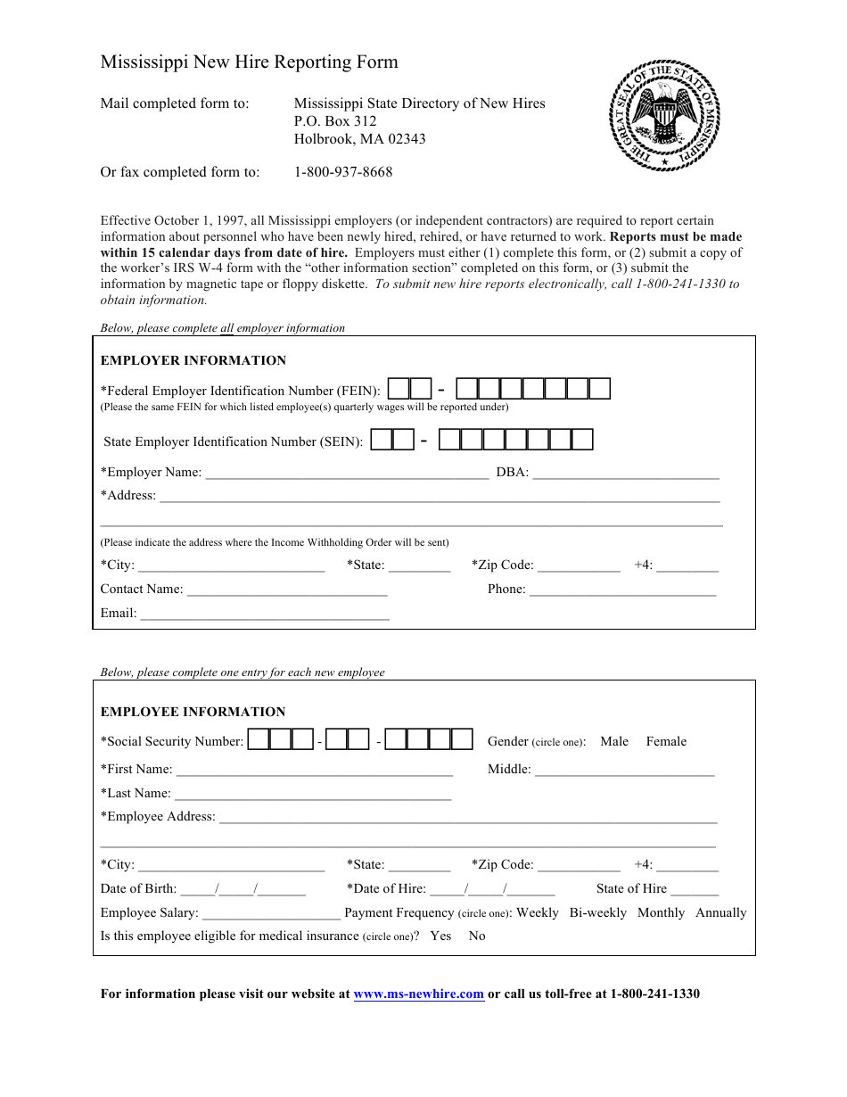 Mississippi New Hire Reporting Form - Mississippi State Directory of New Hires - Mississippi, Page 1