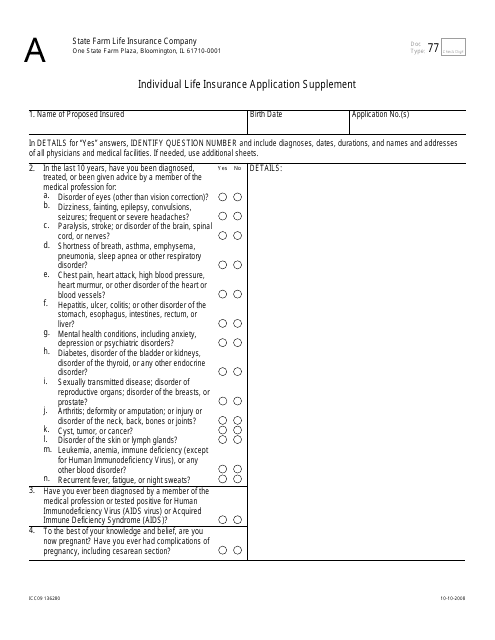 Individual Life Insurance Application Supplement Form - State Farm Life Insurance Company Download Pdf