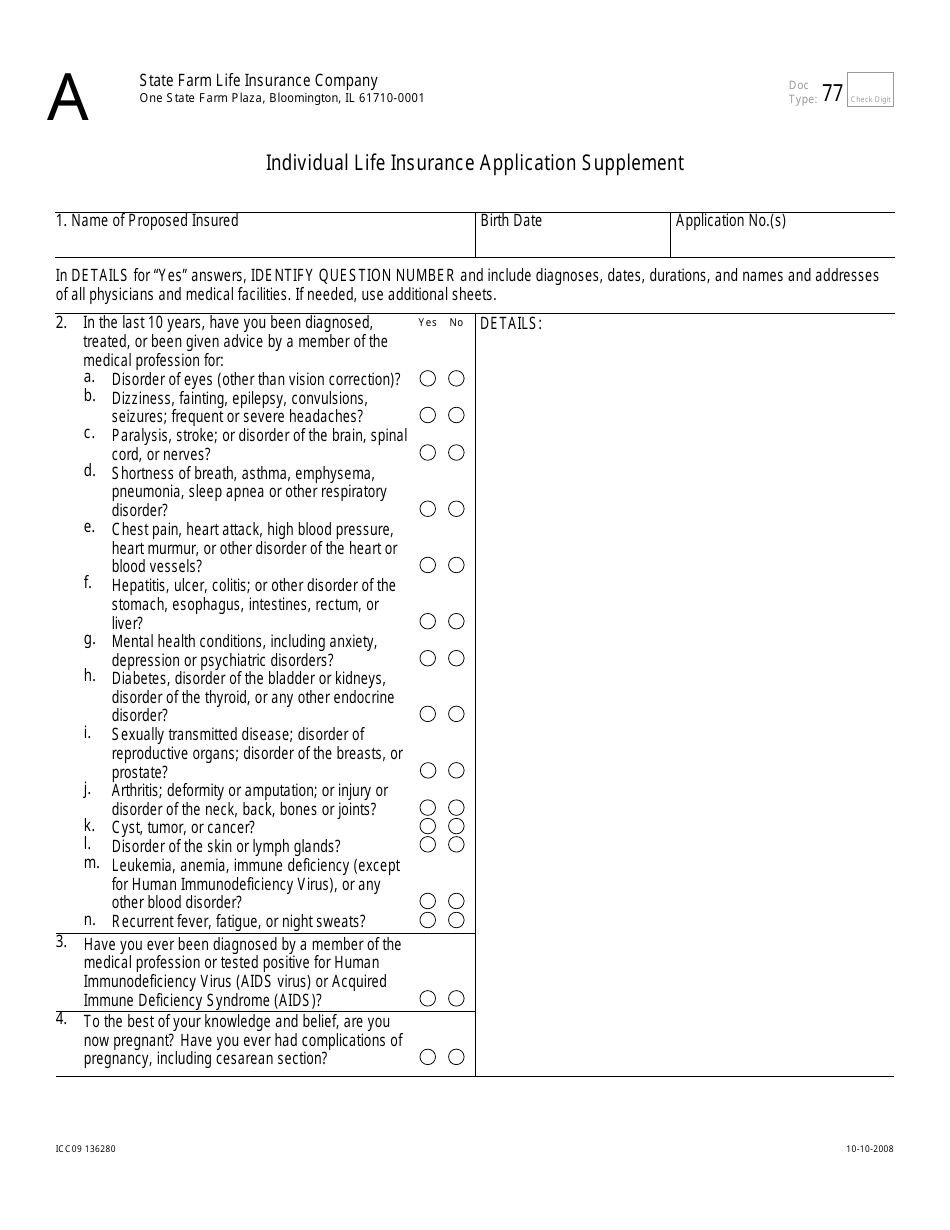 Individual Life Insurance Application Supplement Form - State Farm Life Insurance Company, Page 1