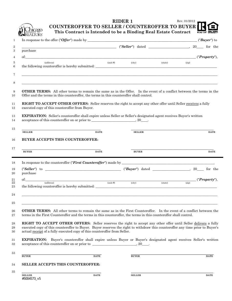 Counteroffer to Seller / Counteroffer to Buyer Form - Chicago Association of Realtors - City of Chicago, Illinois, Page 1
