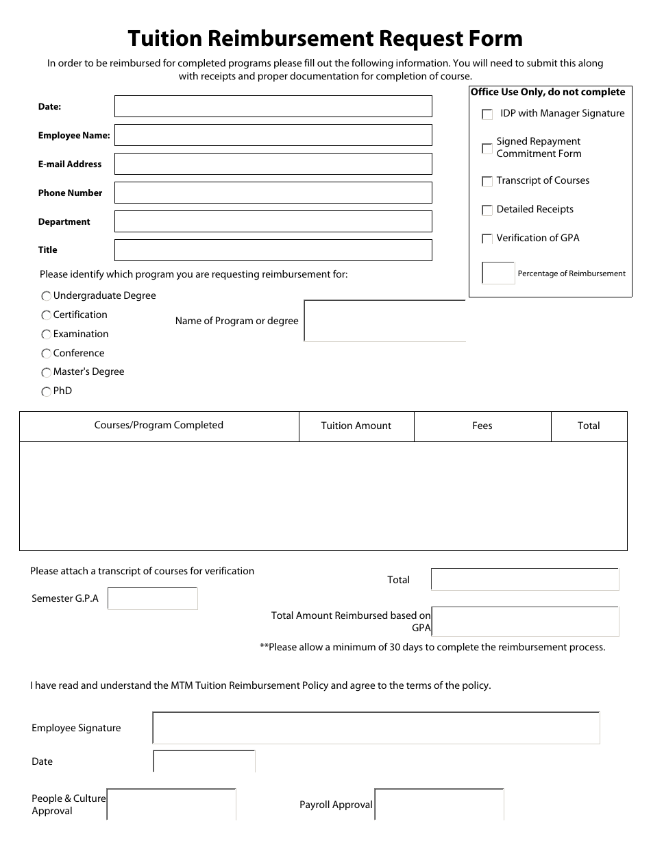 Tuition Reimbursement Request Form Download Fillable PDF Templateroller