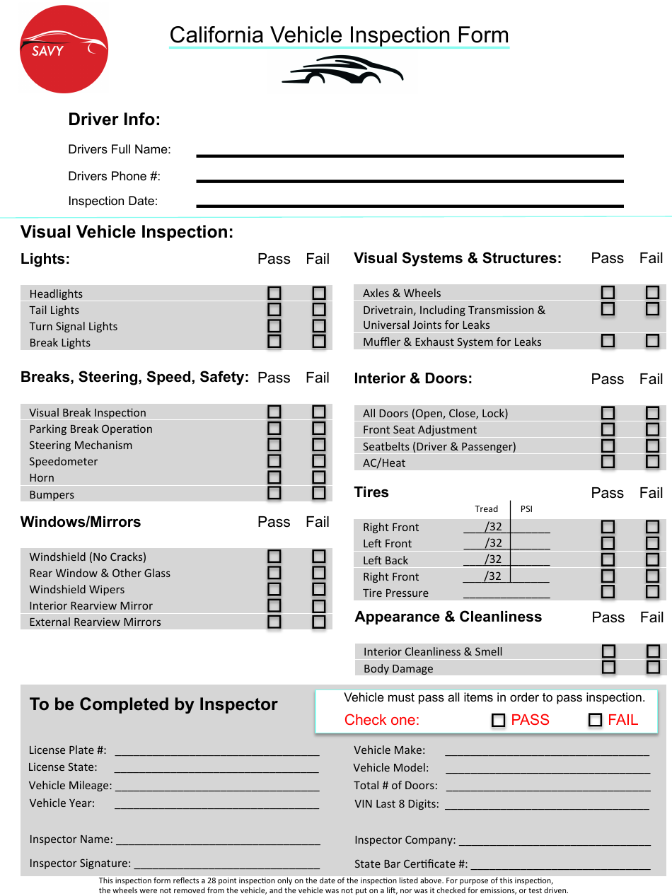 California Vehicle Inspection Form - Savy - California, Page 1