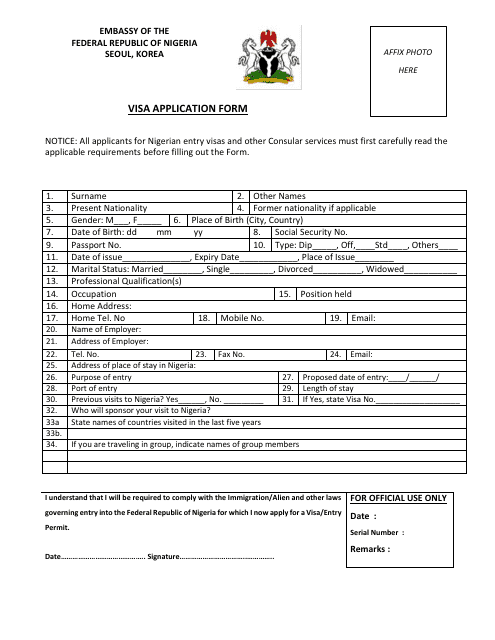 Seoul Special City Seoul South Korea Nigeria Visa Application Form 
