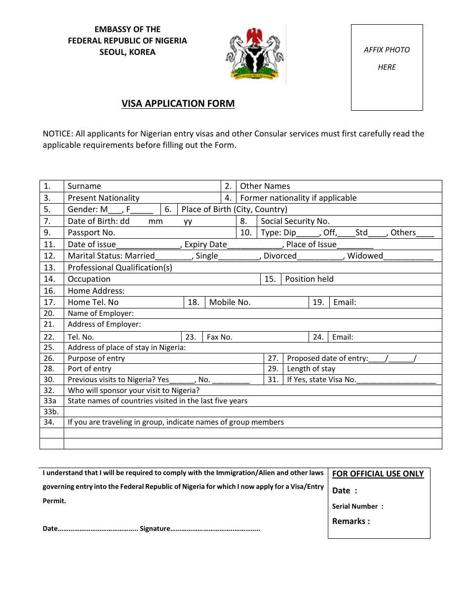 Nigeria Visa Application Form - Embassy of the Federal Republic of Nigeria - Seoul Special City, Seoul, South Korea, Page 1