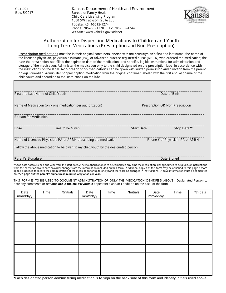 Form CCL.027 Authorization for Dispensing Medications to Children and Youth Long-Term Medications (Prescription and Non-prescription) - Kansas, Page 1