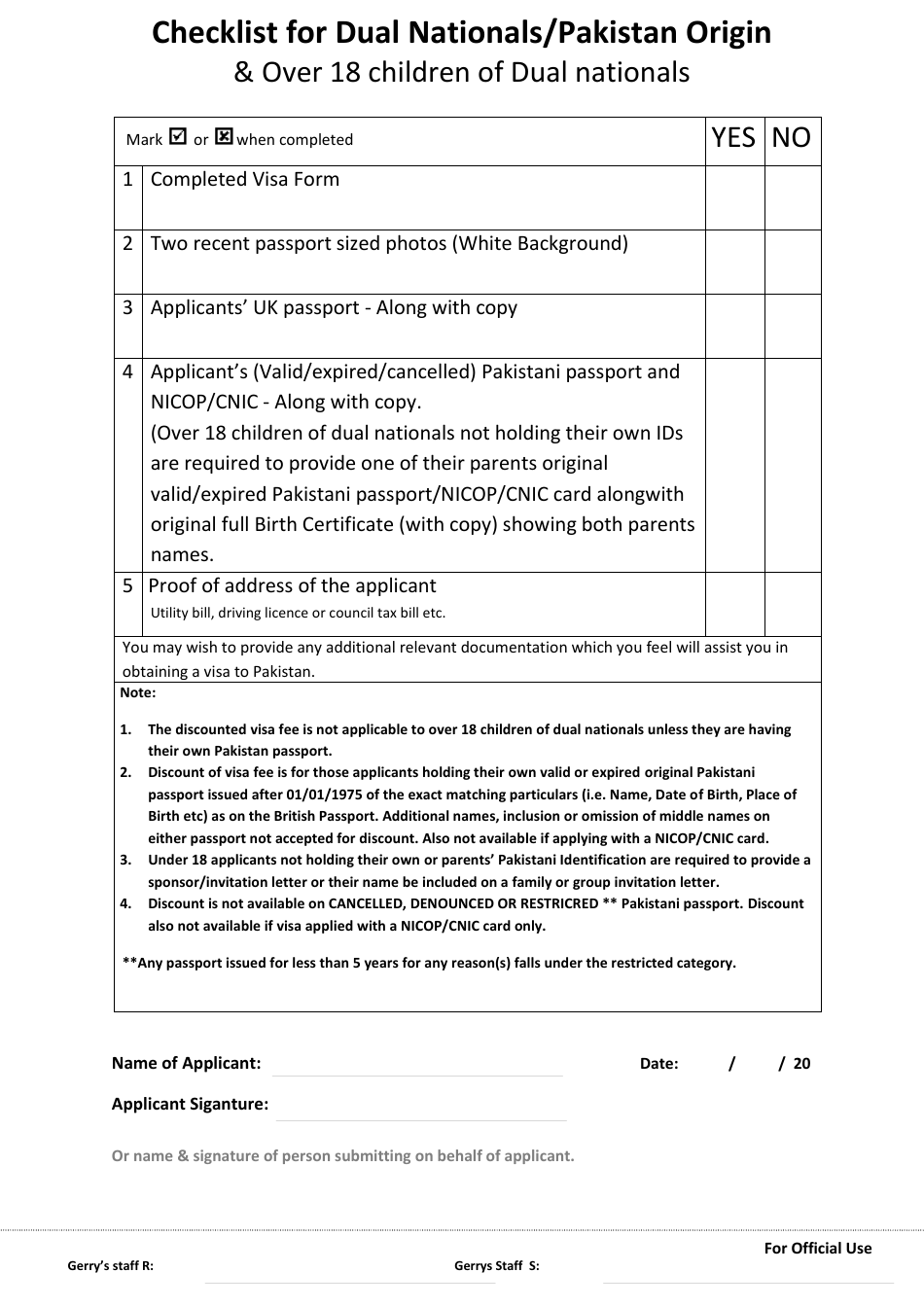 Checklist Template for Dual Nationals/Pakistan Origin  Over 18 Children of Dual Nationals, Page 1