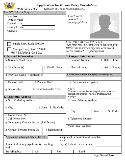 Application Form for Ghana Entry Permit / Visa - Embassy of Ghana, Washington Dc Download Pdf