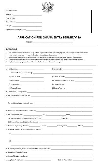 Application Form for Ghana Entry Permit / Visa - Ghana High Commission, Windhoek, Namibia Download Pdf