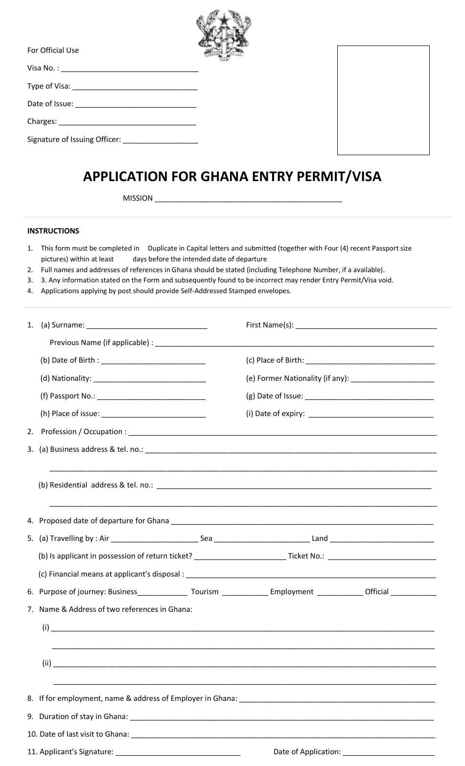 Application Form For Ghana Entry Permit Visa Ghana High Commission Windhoek Namibia Fill