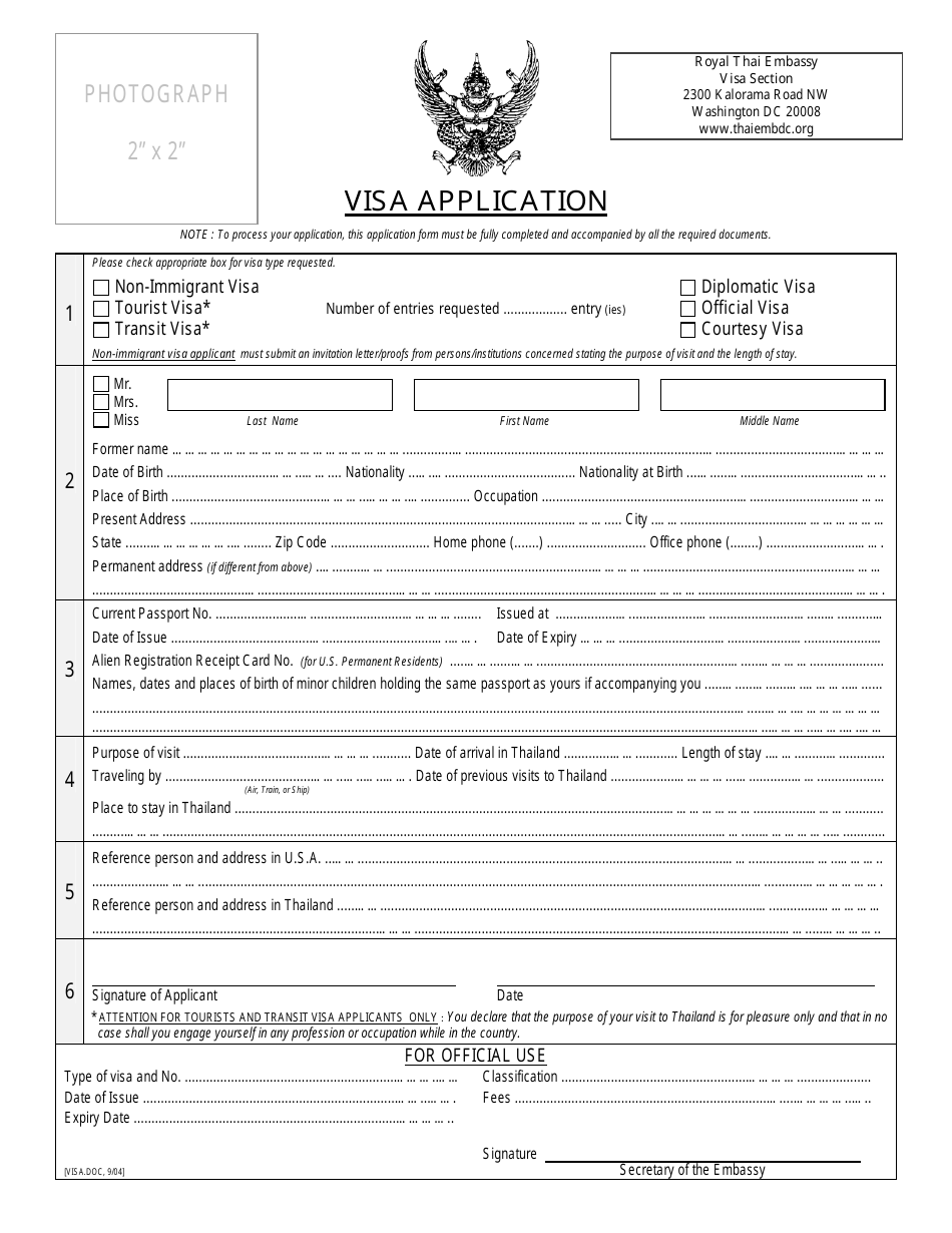 Thai Visa Application Form - Royal Thai Embassy - Washington, D.C., Page 1