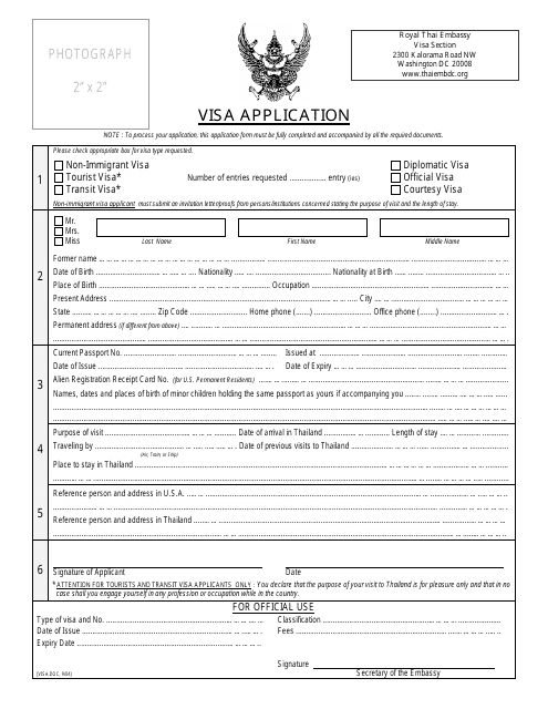 Thai Visa Application Form - Royal Thai Embassy - Washington, D.C. Download Pdf