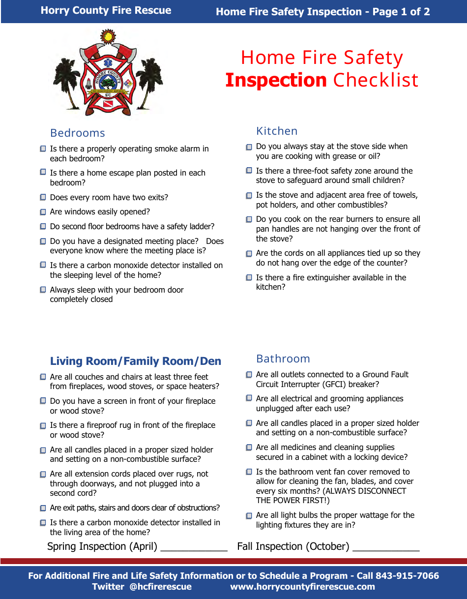 Home Fire Safety Inspection Checklist - Horry County, South Carolina, Page 1