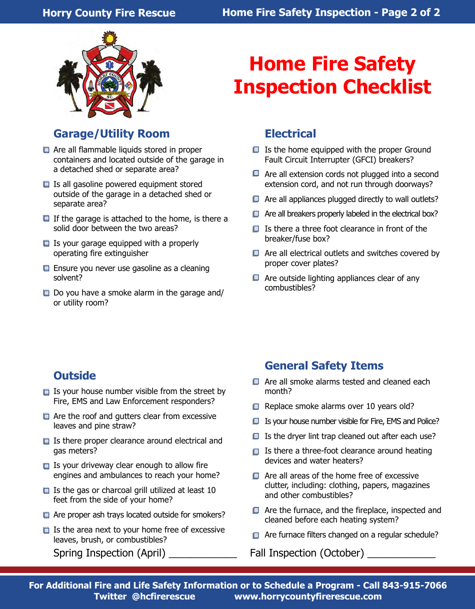 Horry County South Carolina Home Fire Safety Inspection Checklist Fill Out Sign Online And 1071
