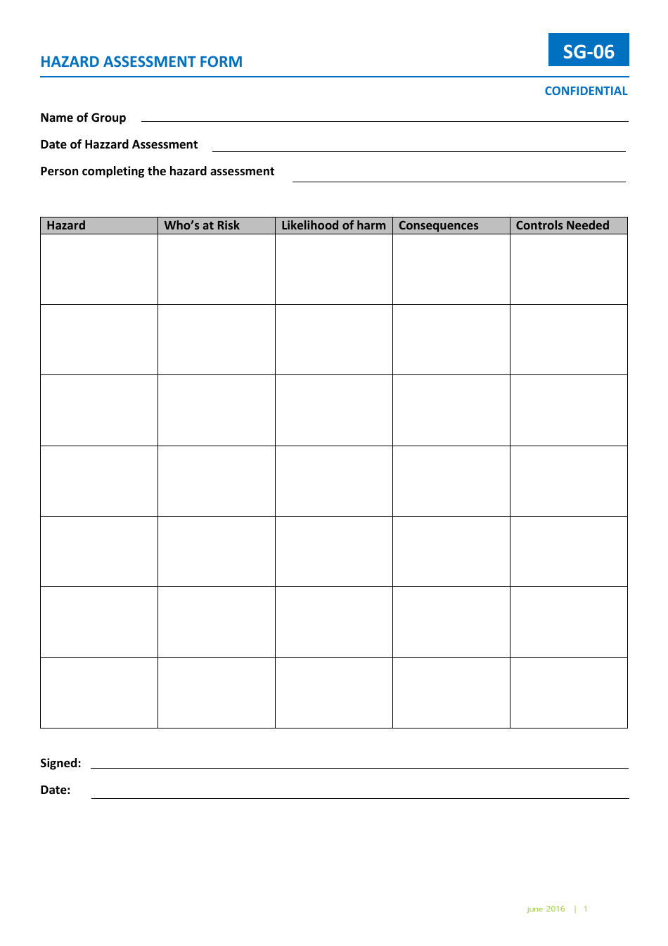 Hazard Assessment Form - SG-06, Page 1