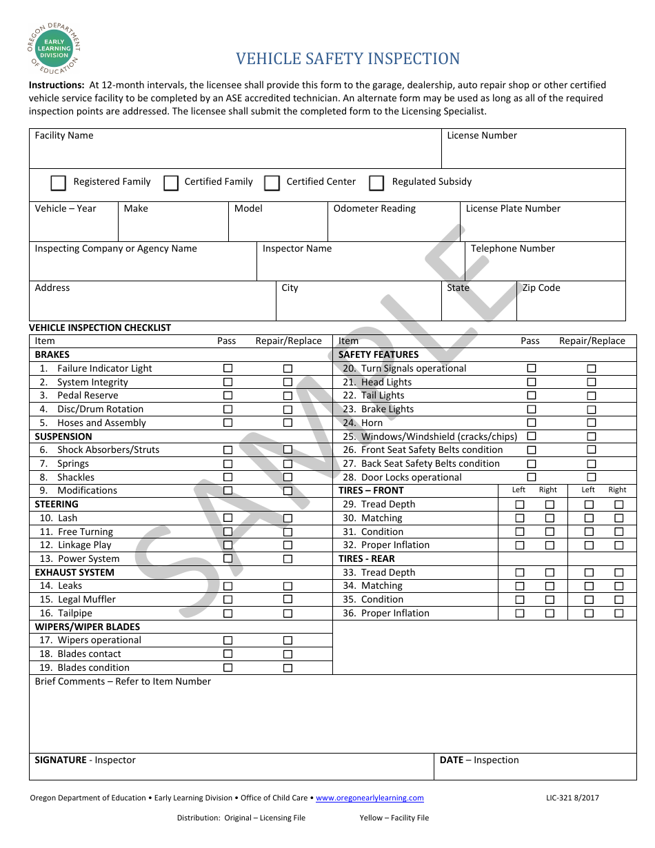 Sample Form LIC-321 Vehicle Safety Inspection - Oregon, Page 1