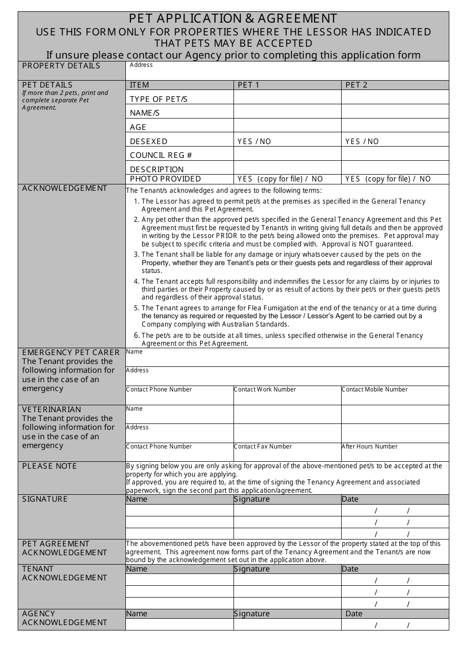 Pet Application  Agreement Form, Page 1