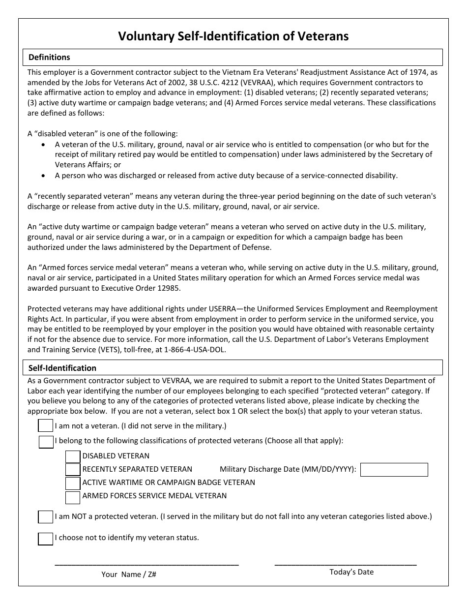 Voluntary Self-identification of Veterans Form, Page 1