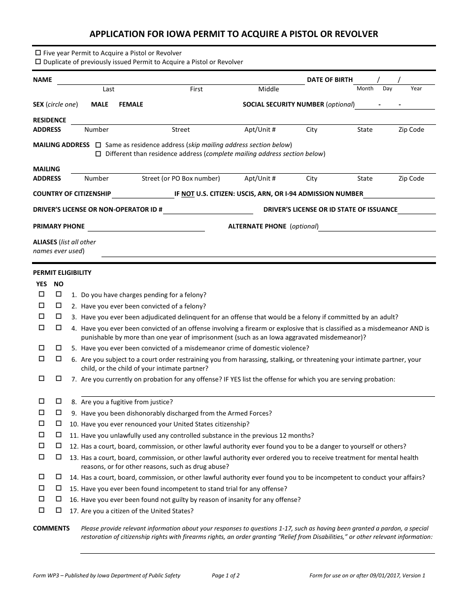 Form WP3 Application for Iowa Permit to Acquire a Pistol or Revolver - Iowa, Page 1