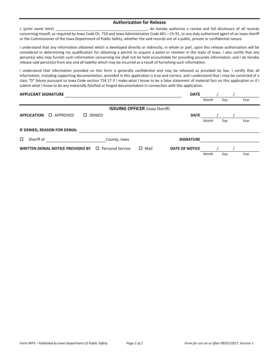 Form WP3 Application for Iowa Permit to Acquire a Pistol or Revolver - Iowa, Page 2