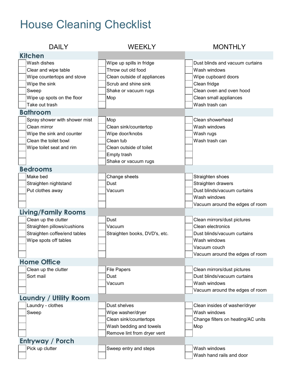 House Cleaning Checklist Template Daily Weekly Monthly Download Printable Pdf Templateroller
