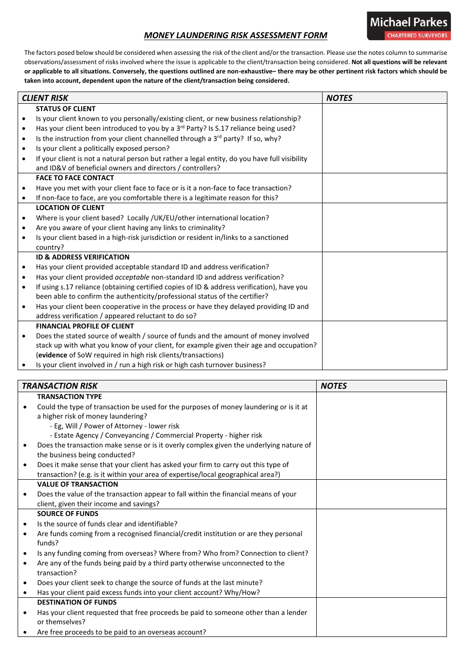 Money Laundering Risk Assessment Form Michael Parkes Chartered 