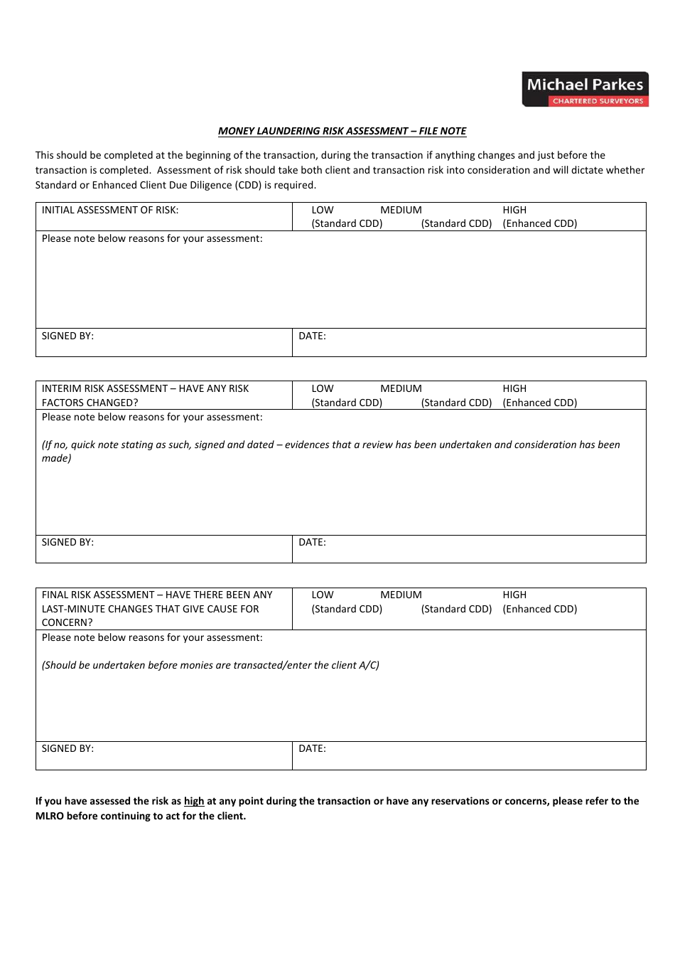 Money Laundering Risk Assessment Form - Michael Parkes Chartered Surveyors, Page 2