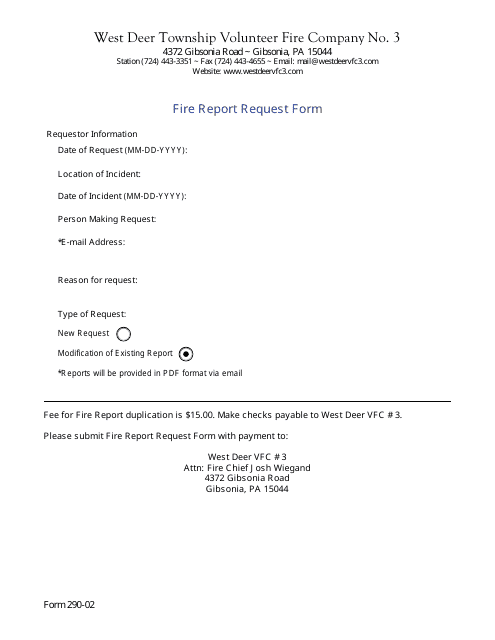 Form 290-02 Fire Report Request Form - West Deer Township, Pennsylvania