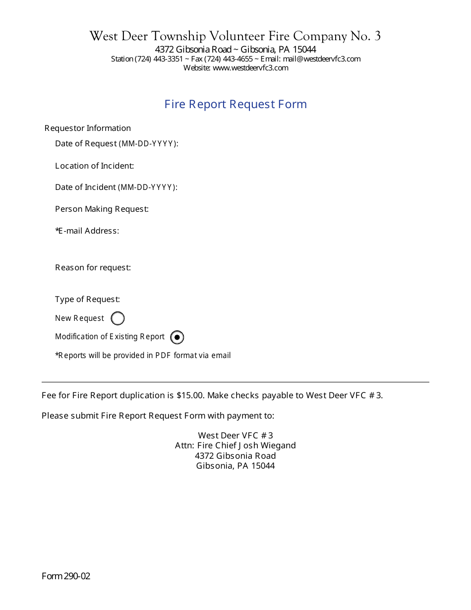 Form 290-02 Fire Report Request Form - West Deer Township, Pennsylvania, Page 1
