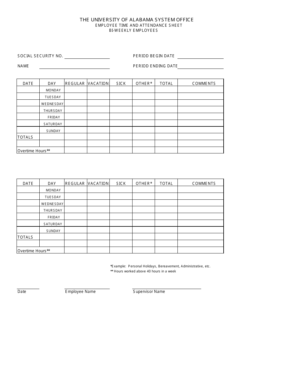 Alabama Employee Time and Attendance Sheet for BIWeekly Employees