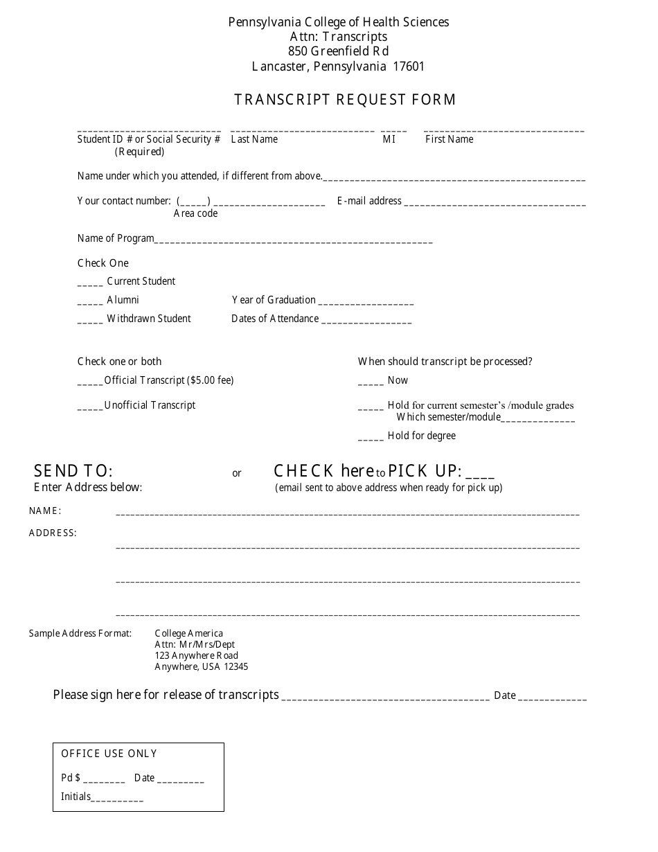 Pennsylvania Transcript Request Form - Pennsylvania College of Health ...