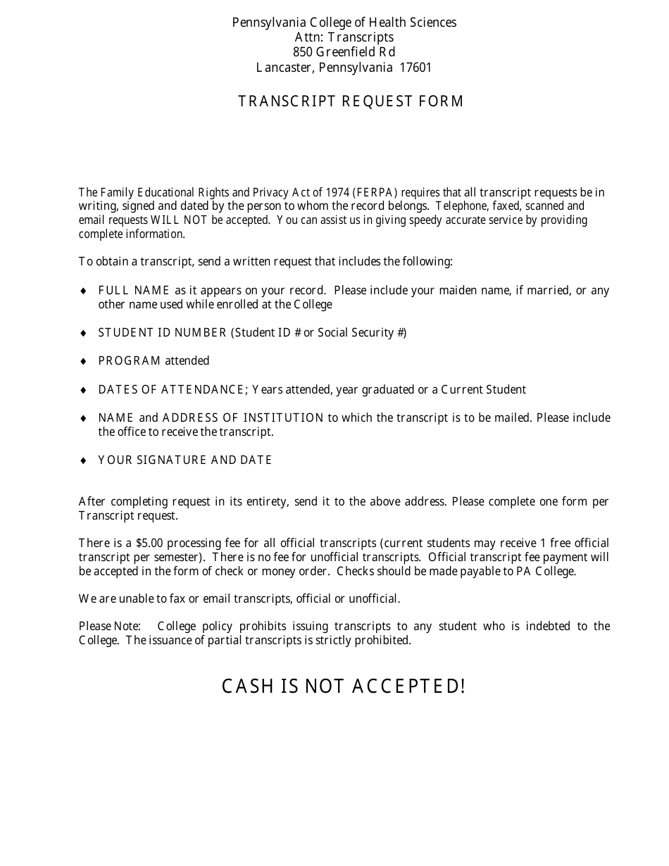 Pennsylvania Transcript Request Form - Pennsylvania College of Health ...