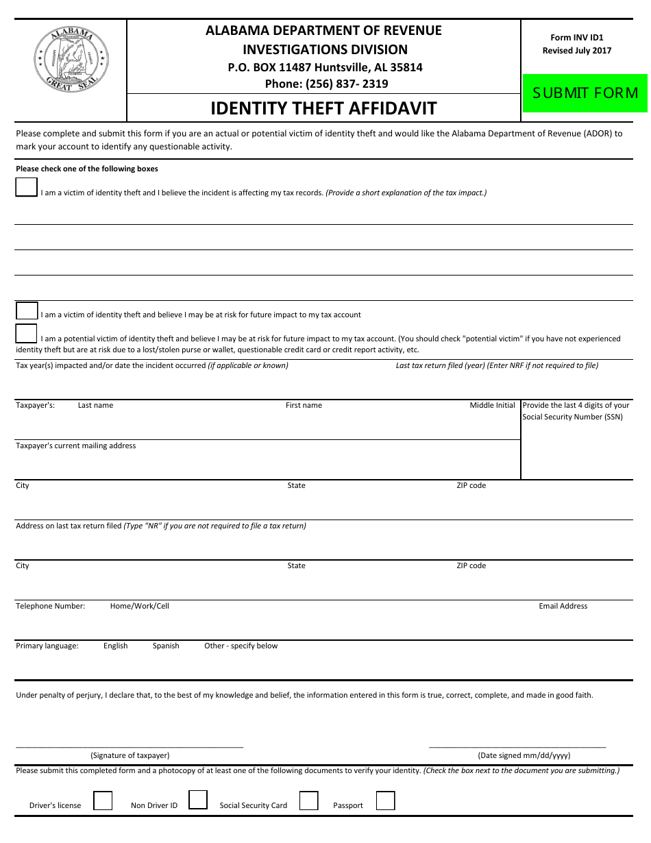 Form INV ID1 Identity Theft Affidavit - Alabama, Page 1