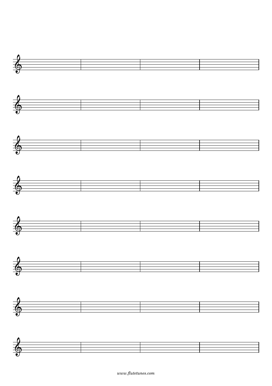 Blank Staff Paper template with 8 staves and 32 bars in treble clef notation