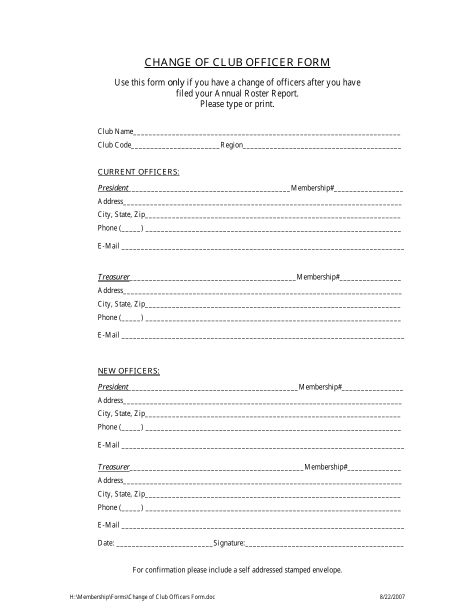 Change of Club Officer Form, Page 1