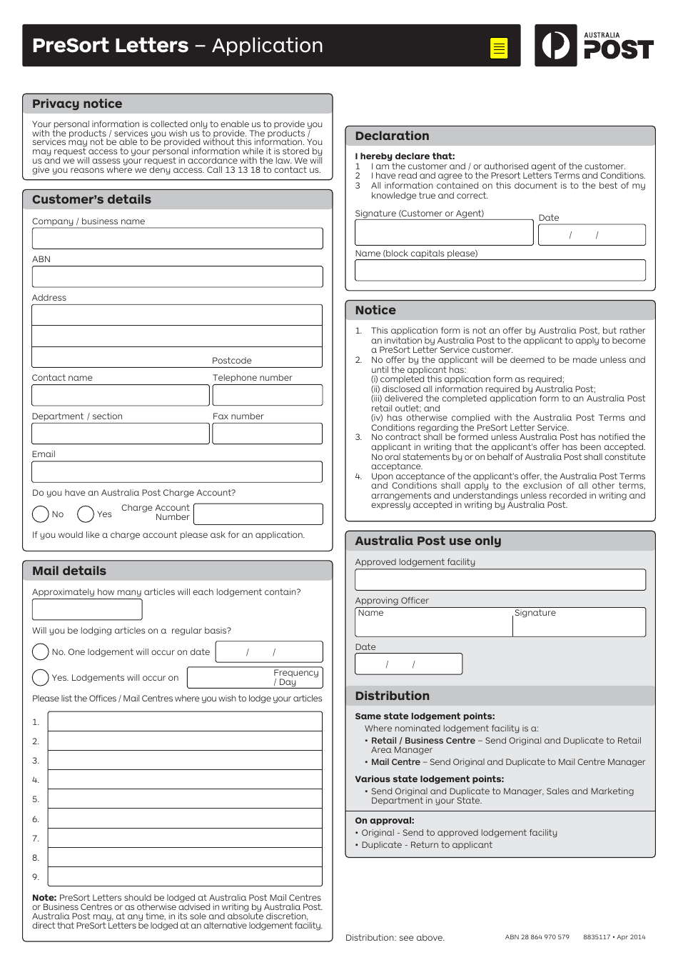 Presort Letters - Application Form - Australia, Page 1