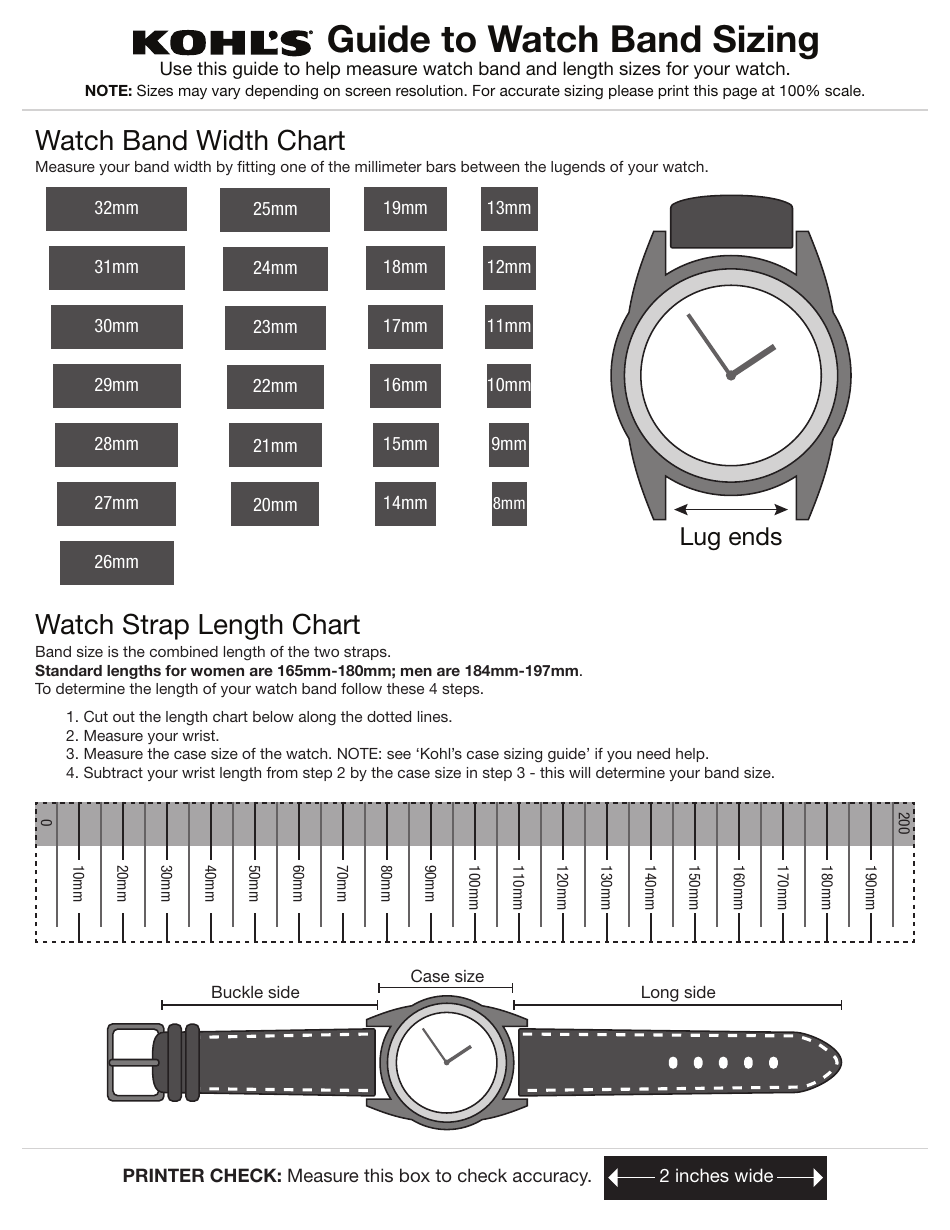 Watch Band Size Chart Kohl's Download Printable PDF Templateroller