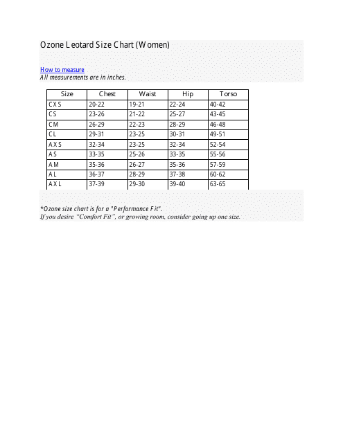 Leotard Size Chart for Women - Ozone Download Printable PDF ...