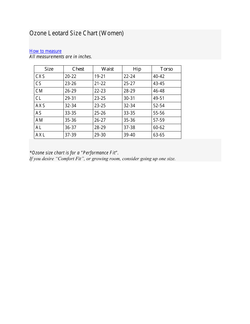 Leotard Size Chart for Women - Ozone Download Printable PDF ...