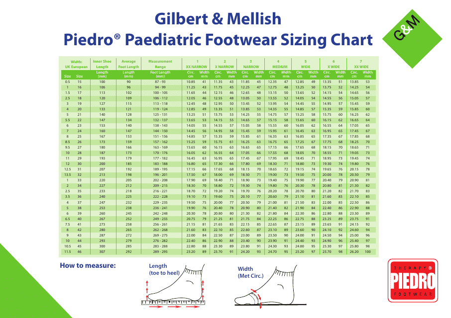 Gilbert & Mellish Piedro Paediatric Footwear Sizing Chart