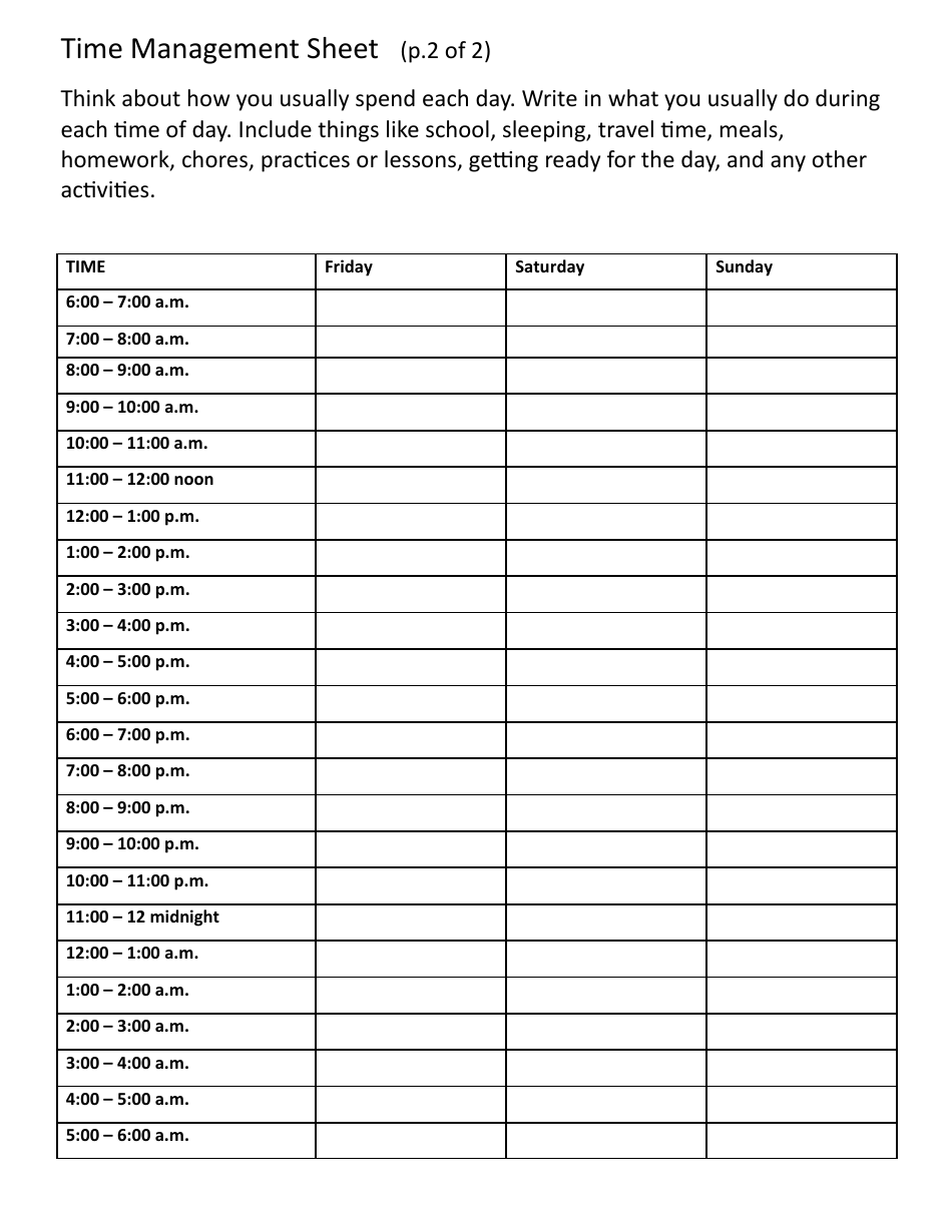 Time Management Sheet Template - West Virginia Links Student Advisement Program, Page 2