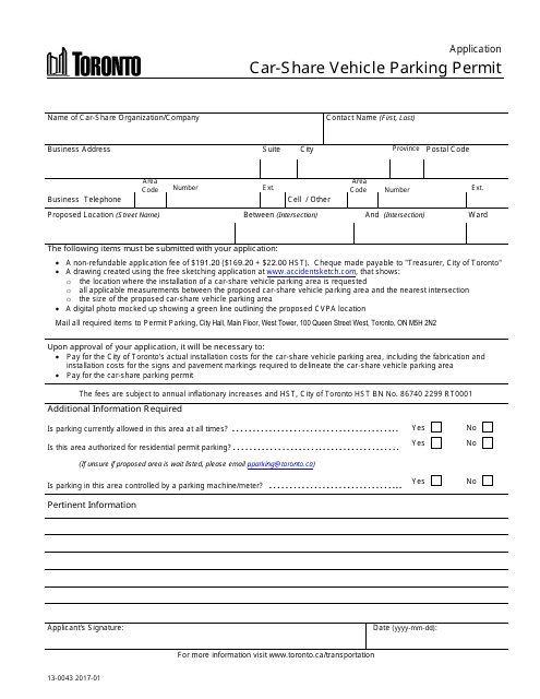 Form 13-0043 Application for Car-Share Vehicle Parking Permit - City of Toronto, Ontario, Canada