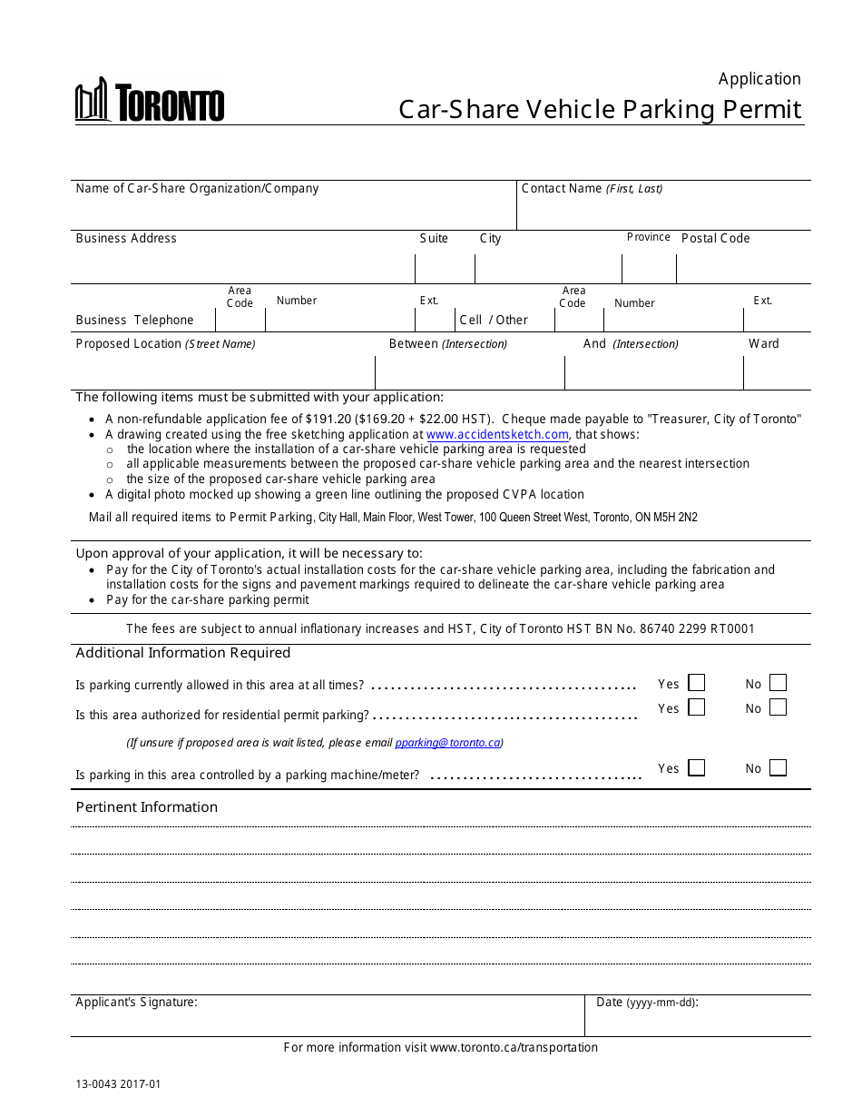 Form 13-0043 Application for Car-Share Vehicle Parking Permit - City of Toronto, Ontario, Canada, Page 1